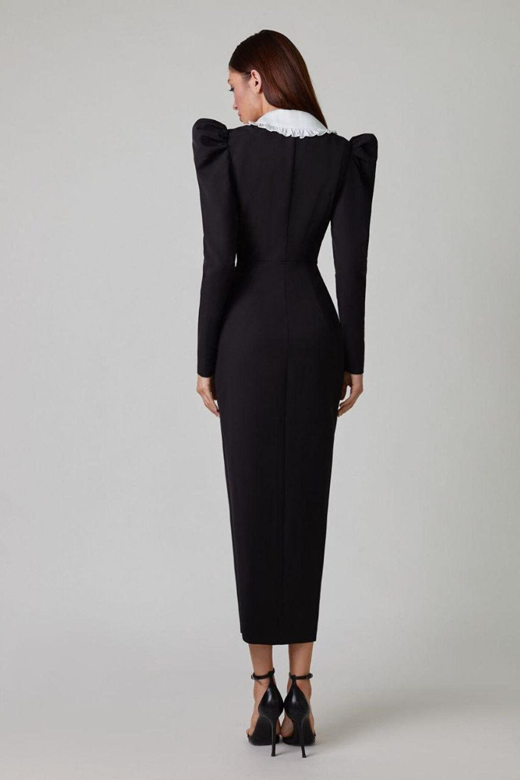 Peter Pan Collar Double Breasted Puff Shoulder High Split Midi Dress