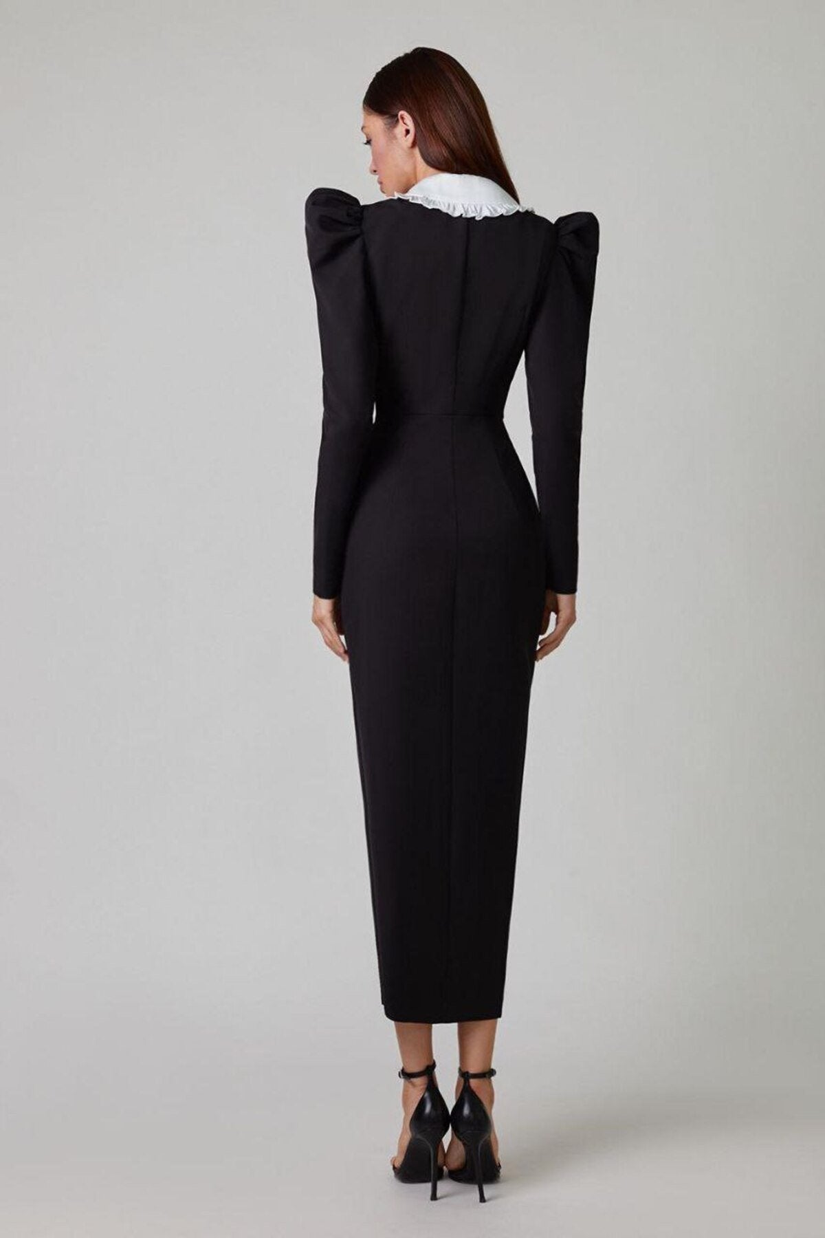 Peter Pan Collar Double Breasted Puff Shoulder High Split Midi Dress