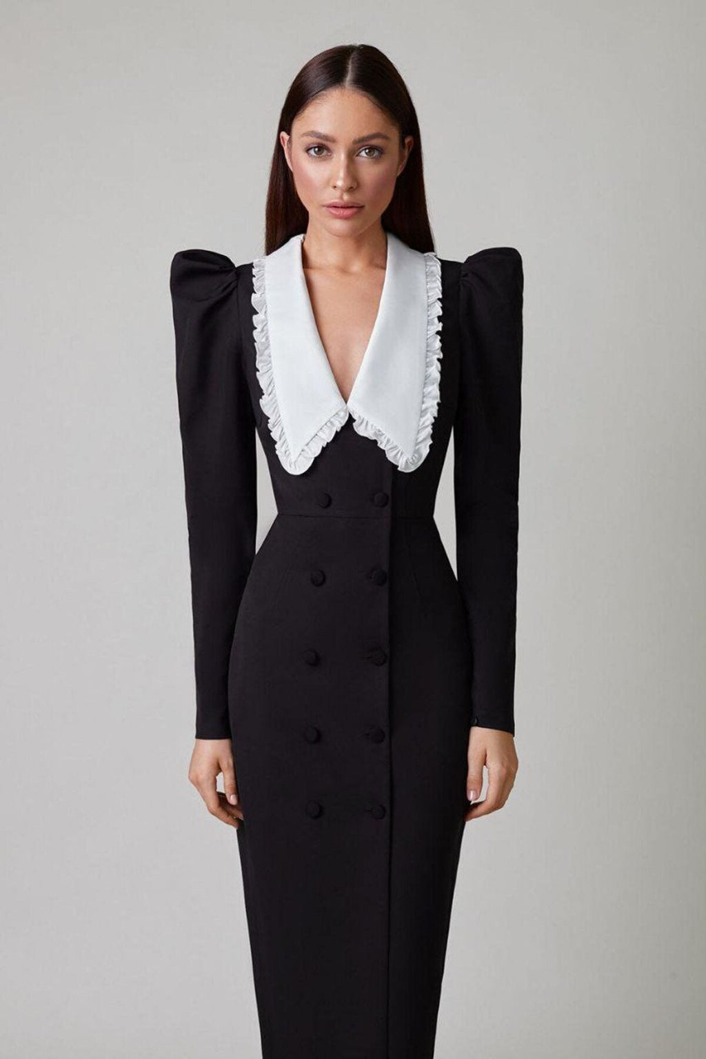 Peter Pan Collar Double Breasted Puff Shoulder High Split Midi Dress