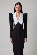 Peter Pan Collar Double Breasted Puff Shoulder High Split Midi Dress