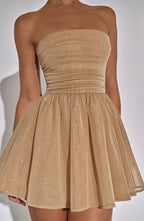 Strapless Ruched Bodice Glitter Tulle Skater Mini Dress