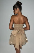 Strapless Ruched Bodice Glitter Tulle Skater Mini Dress