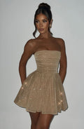 Strapless Ruched Bodice Glitter Tulle Skater Mini Dress