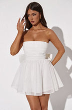 Strapless Ruched Bodice Glitter Tulle Skater Mini Dress