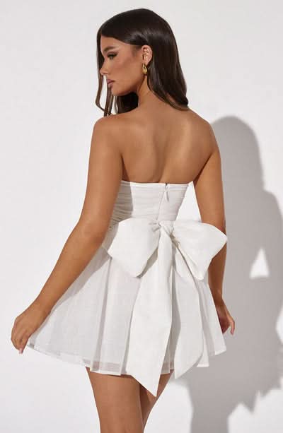 Strapless Ruched Bodice Glitter Tulle Skater Mini Dress
