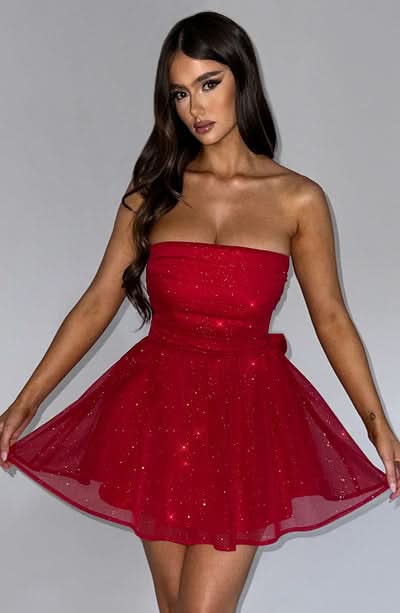 Strapless Ruched Bodice Glitter Tulle Skater Mini Dress