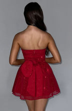 Strapless Ruched Bodice Glitter Tulle Skater Mini Dress