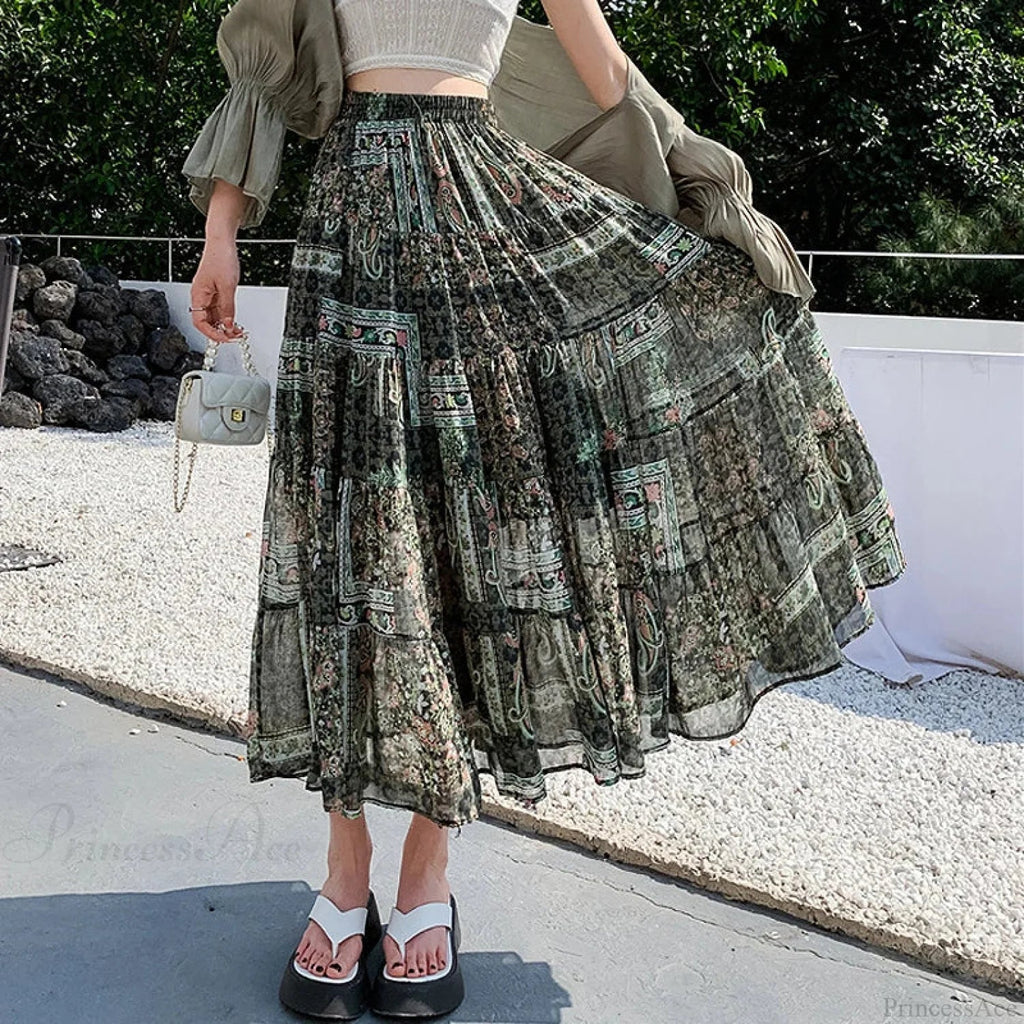 Kawaii Chiffon Splice Floral Tea Break Skirt