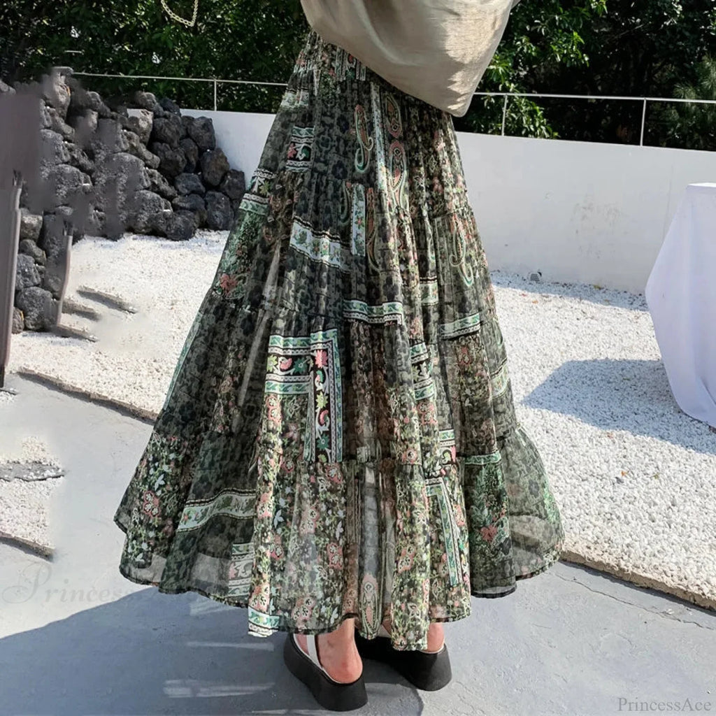 Kawaii Chiffon Splice Floral Tea Break Skirt