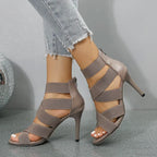 Khaki Beige Thin High Heels Sandals Women Summer Sexy Elastic Band Crossing Wedding High Heel