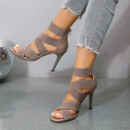 Khaki Beige Thin High Heels Sandals Women Summer Sexy Elastic Band Crossing Wedding High Heel