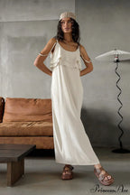 Khaki Linen Cami Ruffled Round Neck Maxi Dress