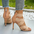 Khaki Super High Heel Sandals Sexy Open Toes Elastic Broadband Zipper Gladiator Party Wedding High Heel