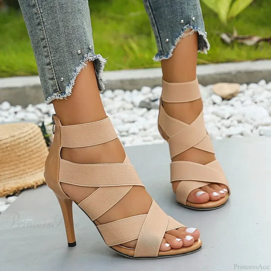 Khaki Super High Heel Sandals Sexy Open Toes Elastic Broadband Zipper Gladiator Party Wedding High Heel