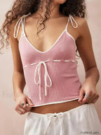 Knitted Contrast Tie-Up Crop Top
