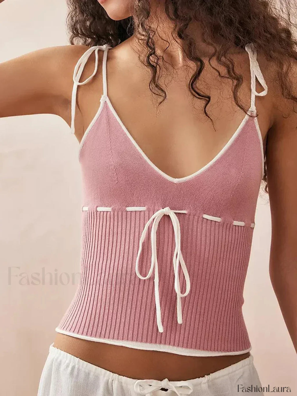 Knitted Contrast Tie-Up Crop Top