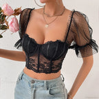 Korean Mesh Sheer Puff Sleeve Lace Crop Top