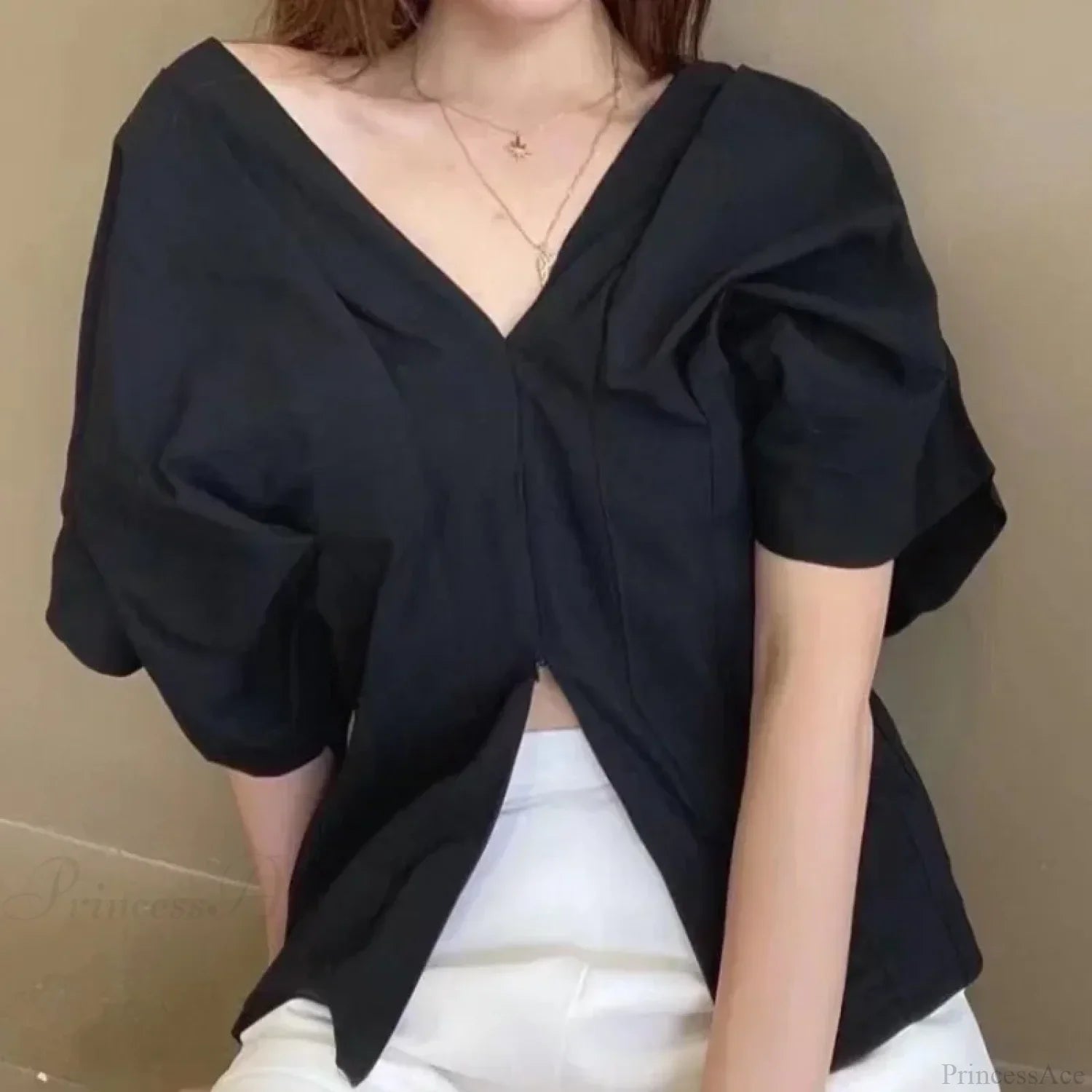 Korean Ruffle Design V-neck Short Sleeve Casual Blouse