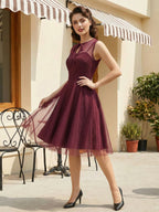 Retro Dress Burgundy Sheer 1950s Style Bows Sleeveless Jewel Neck Medium Rockabilly Dress