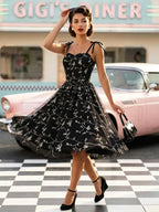 Vintage 1950s Floral Prom Dress For Women - Embroidery Mesh Tie-Shoulder A-Line Swing Midi Dress - Summer Cocktail 2026