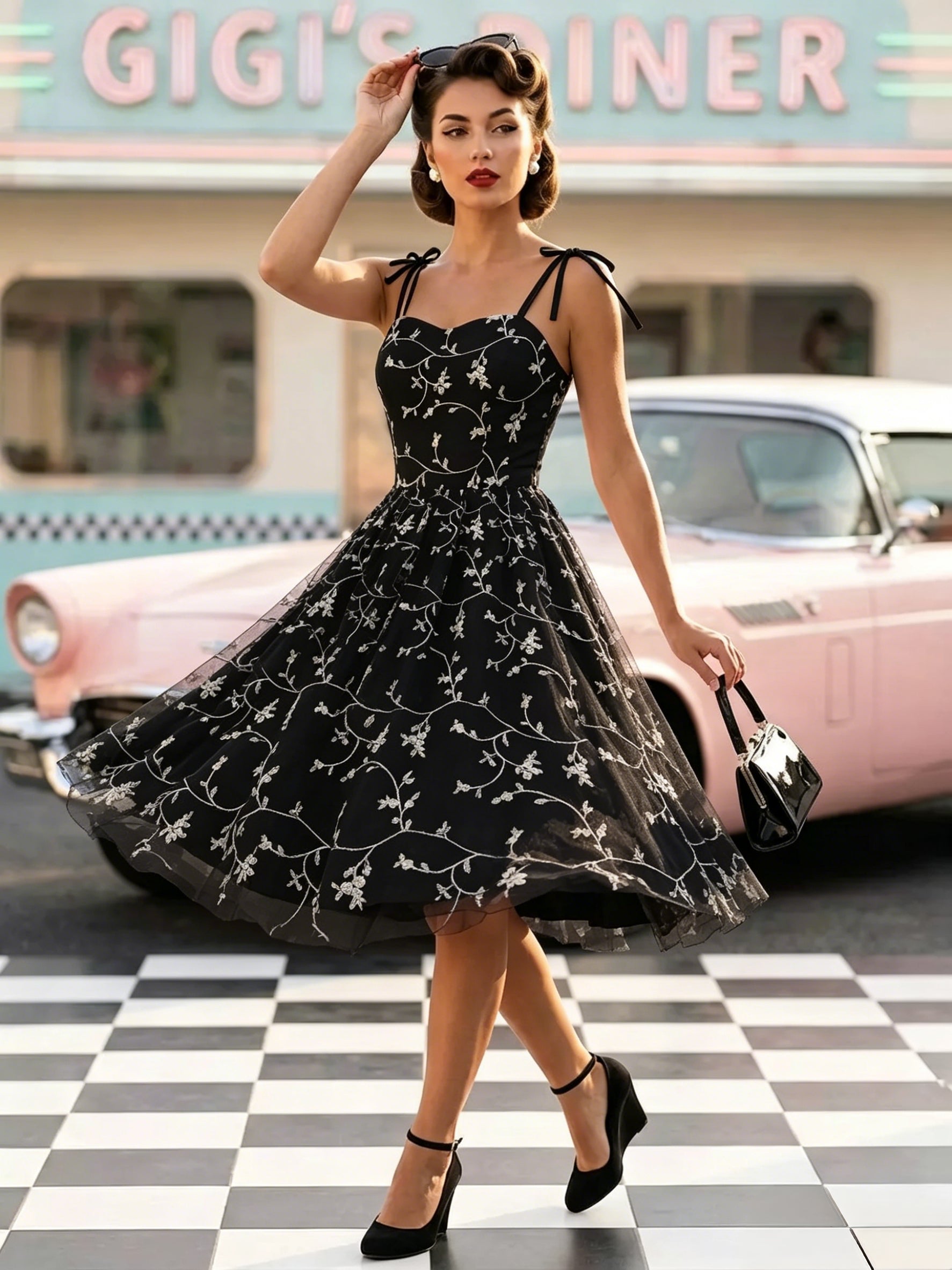 Vintage 1950s Floral Prom Dress For Women - Embroidery Mesh Tie-Shoulder A-Line Swing Midi Dress - Summer Cocktail 2026