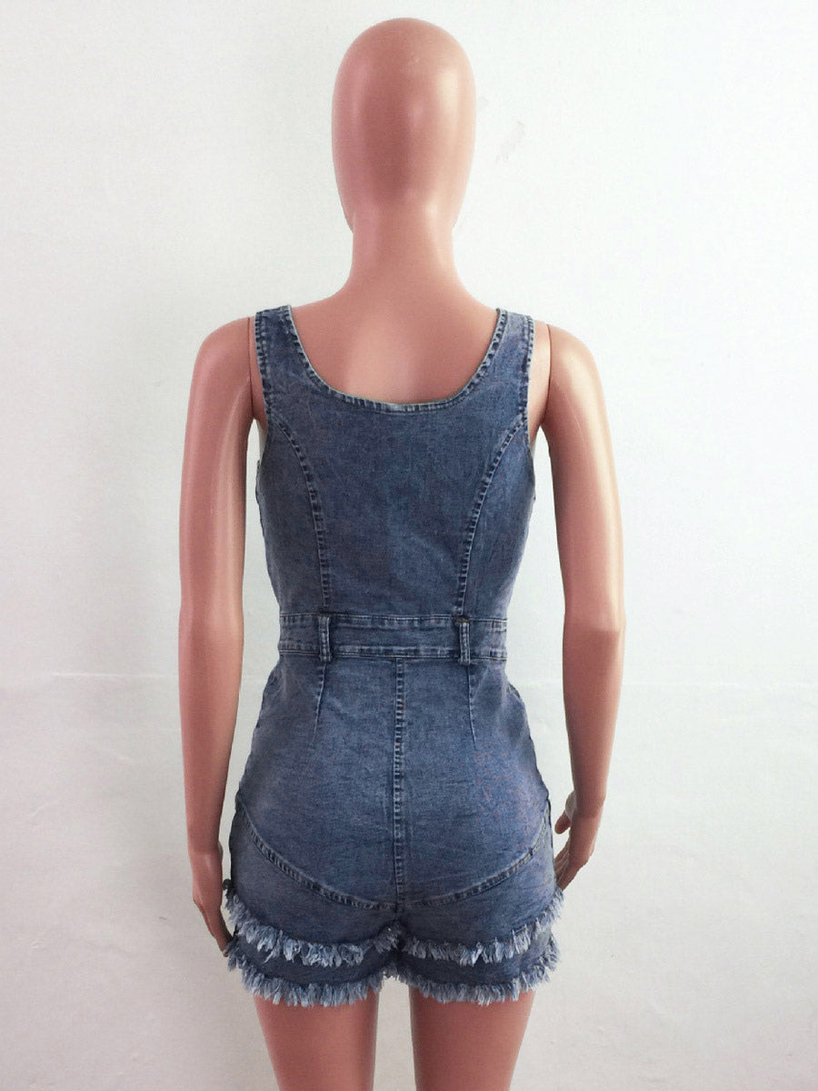 Deep V Neck Denim Romper For Women - Medium Blue Sexy Bodycon Frayed Hem Shorts Jumpsuit - Summer Music Festival Party 2026