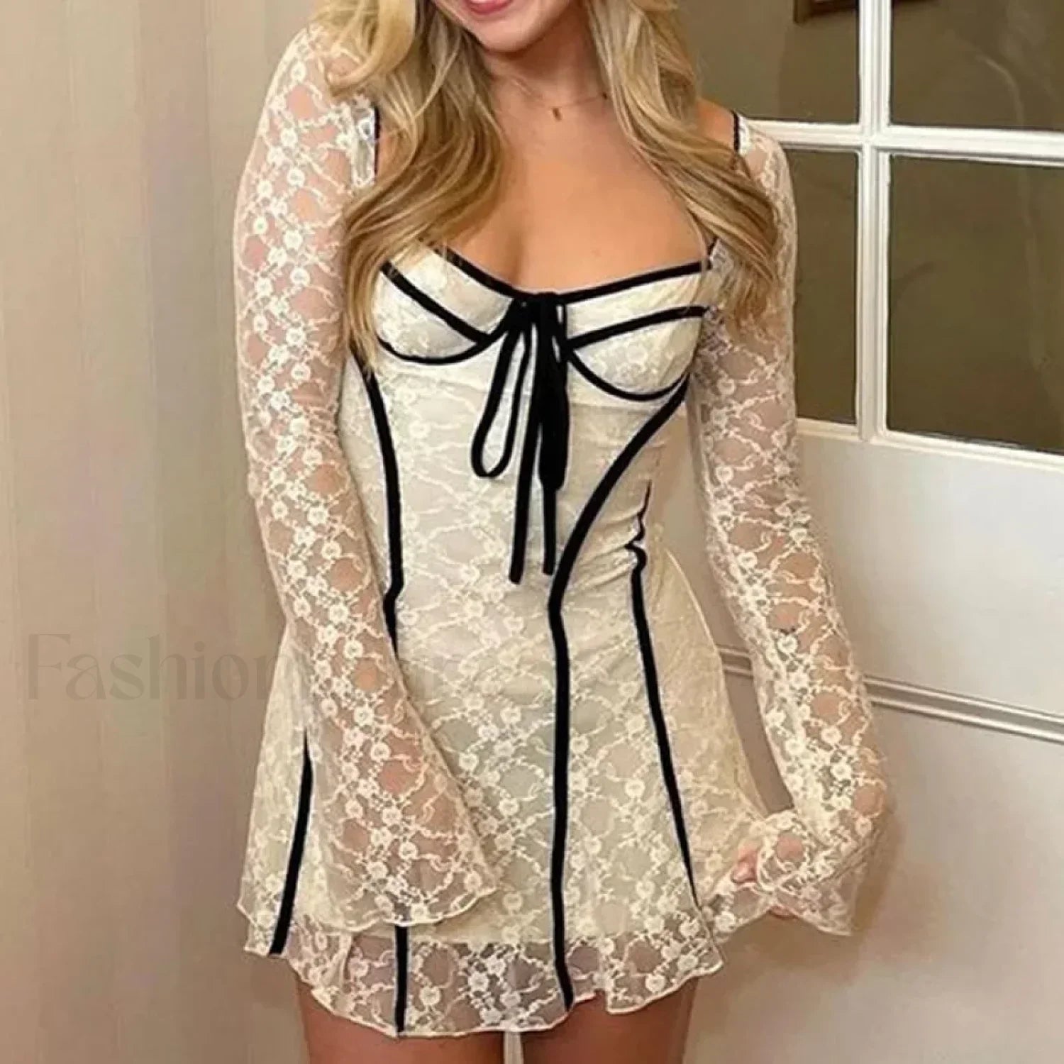 White Lace Flared Sleeve Mini Dress