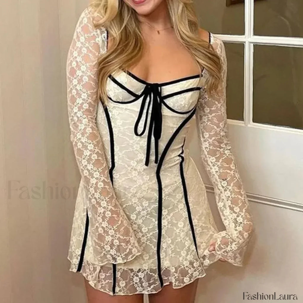 White Lace Flared Sleeve Mini Dress