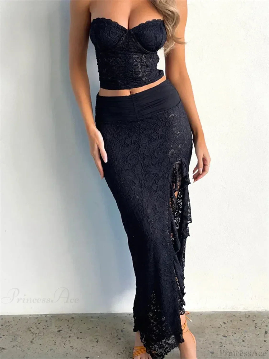 Lace Floral Bustiers Crop Top High Split Long Skirt Set