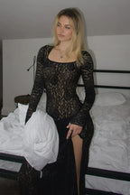 Lace Long Sleeve Split Fitted Maxi Dress