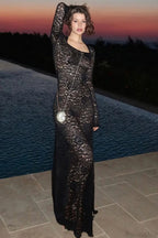 Lace Long Sleeve Split Fitted Maxi Dress