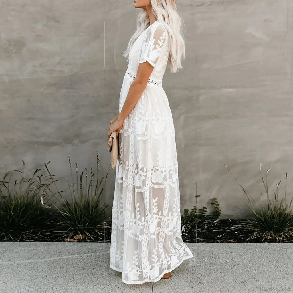 Lace Maxi Dress Vintage White Deep V-neck Summer Dress