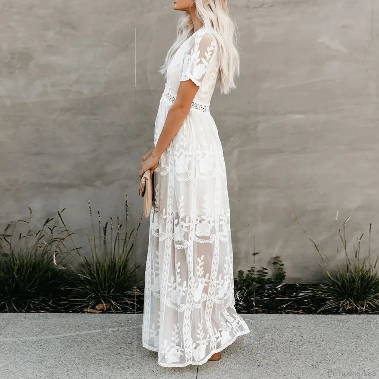Lace Maxi Dress Vintage White Deep V-neck Summer Dress
