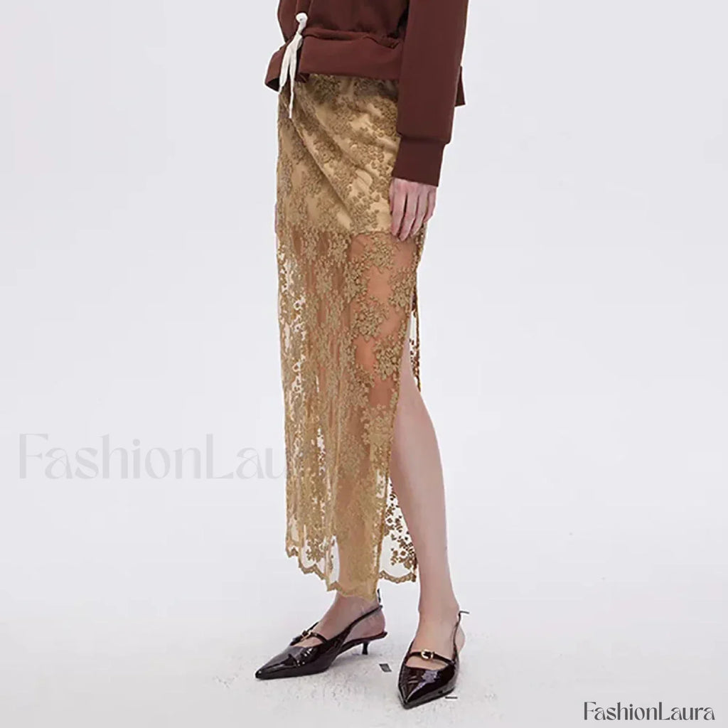 Lace Mesh Side Slit Crochet Skirt