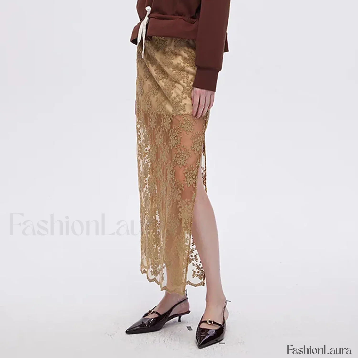 Lace Mesh Side Slit Crochet Skirt