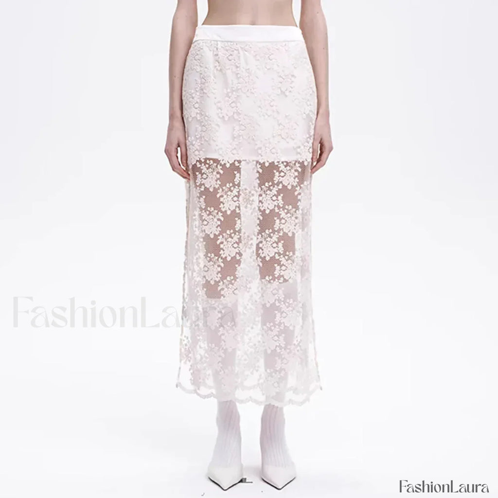 Lace Mesh Side Slit Crochet Skirt