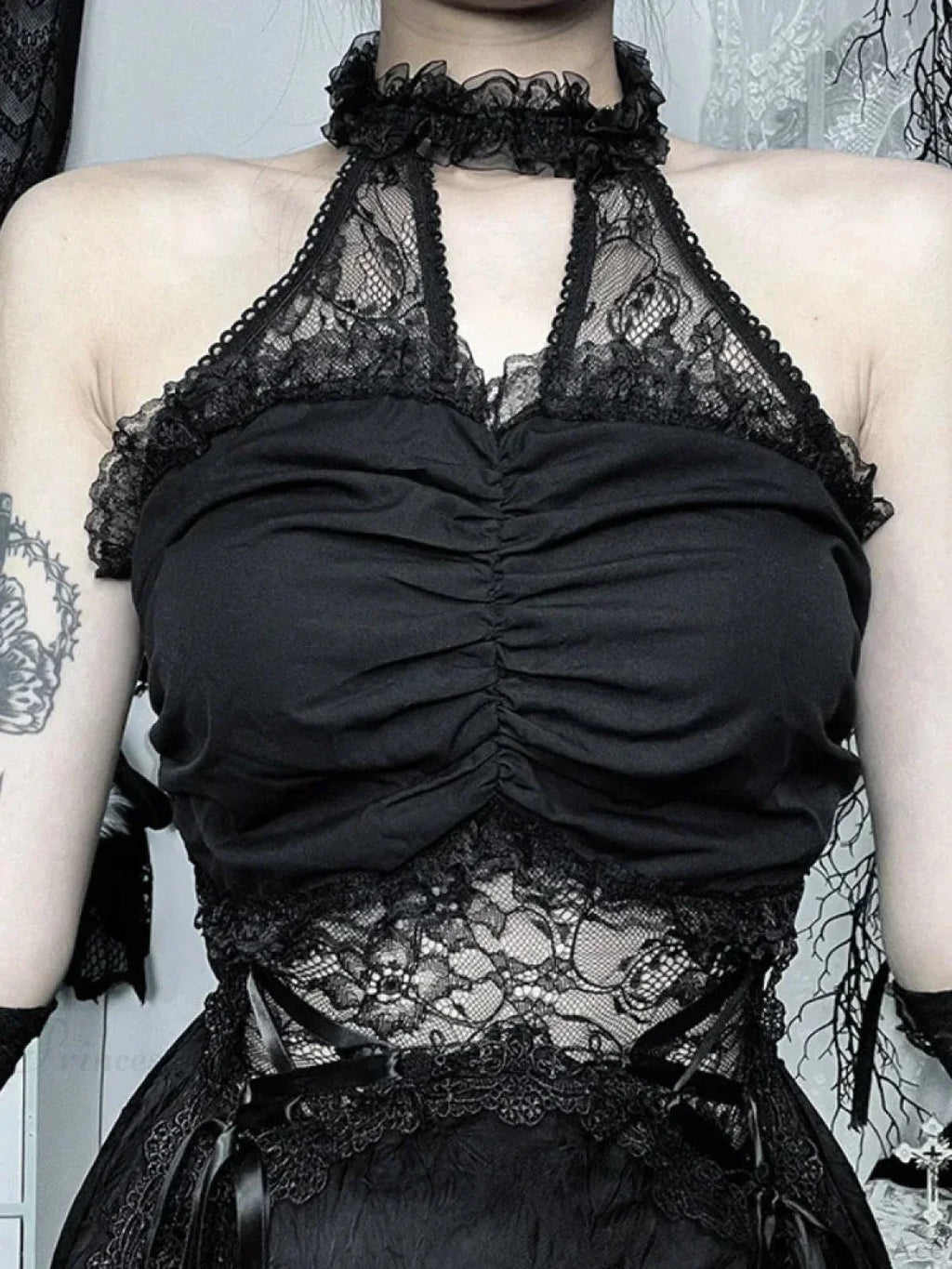 Lace Patchwork Halter Mini Dress
