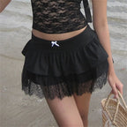 Lace Patchwork Preppy Black Skirt