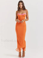 Orange Lace Patchwork Strapless Maxi Dress