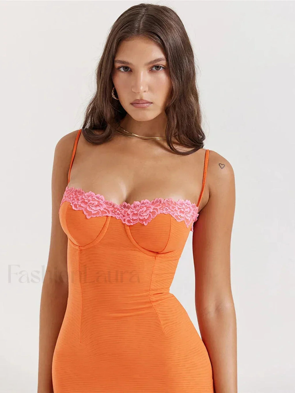 Orange Lace Patchwork Strapless Maxi Dress