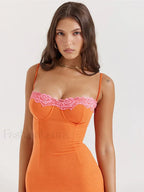 Orange Lace Patchwork Strapless Maxi Dress