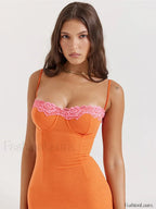 Orange Lace Patchwork Strapless Maxi Dress
