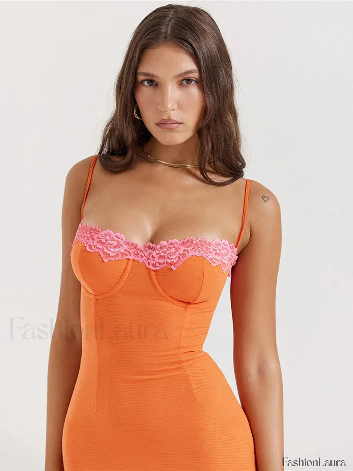 Orange Lace Patchwork Strapless Maxi Dress