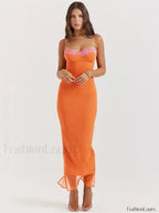 Orange Lace Patchwork Strapless Maxi Dress