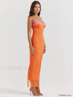 Orange Lace Patchwork Strapless Maxi Dress