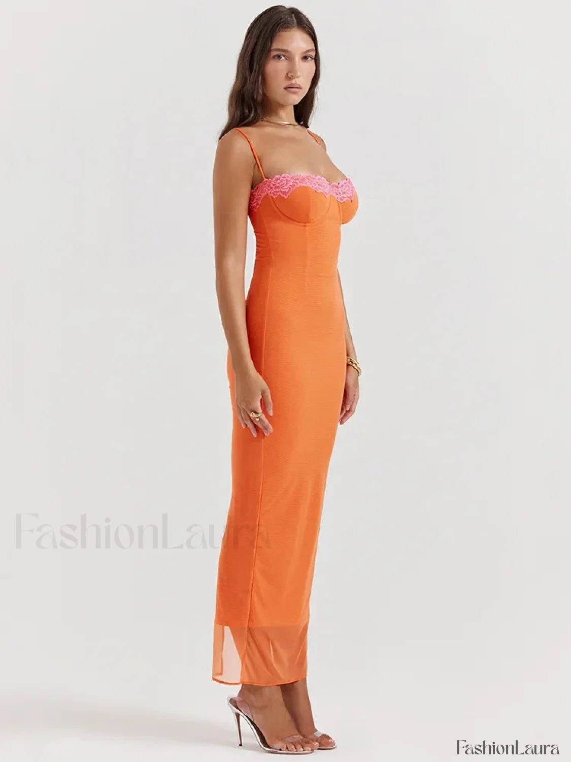 Orange Lace Patchwork Strapless Maxi Dress