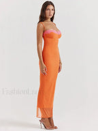 Orange Lace Patchwork Strapless Maxi Dress