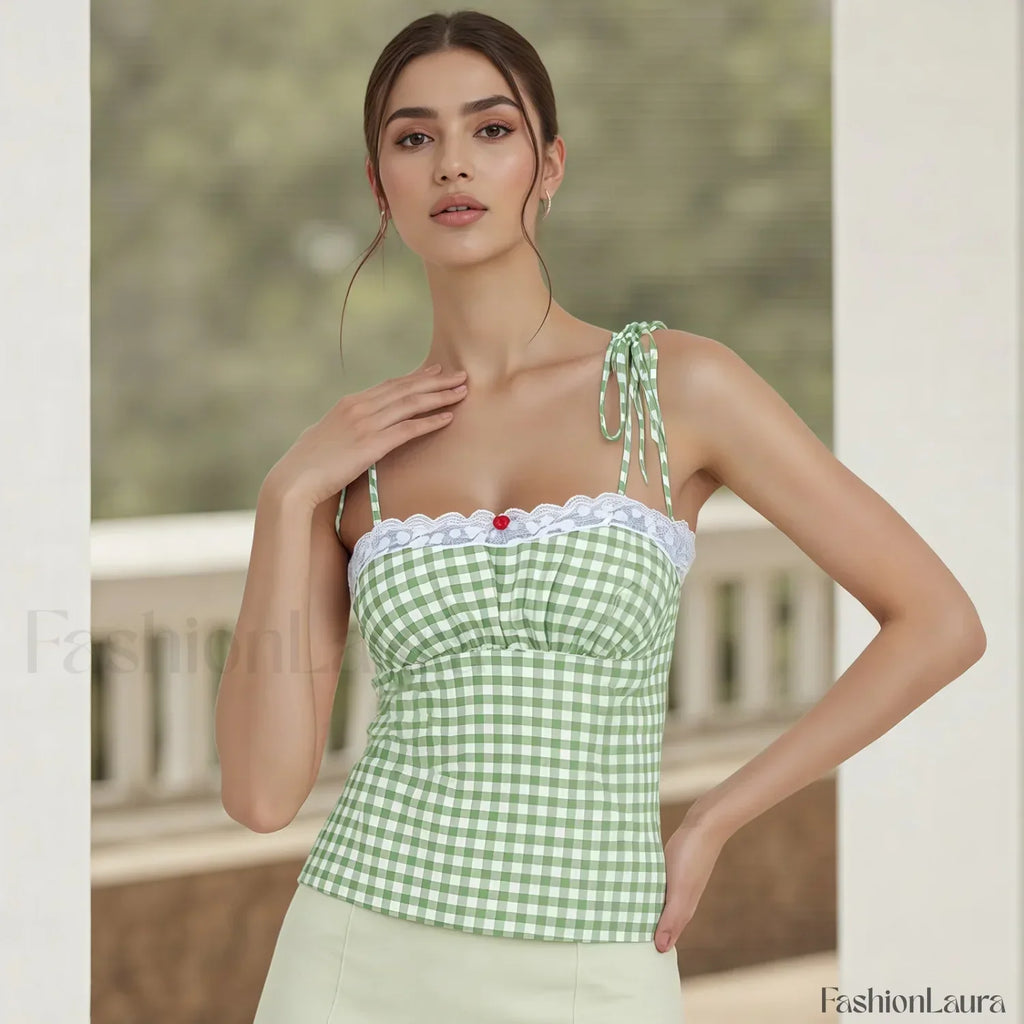 Lace Plaid Fitted Crop Top