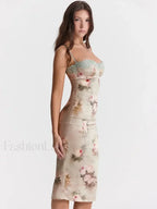 White Lace-print Strapless Midi Dress