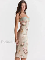 White Lace-print Strapless Midi Dress